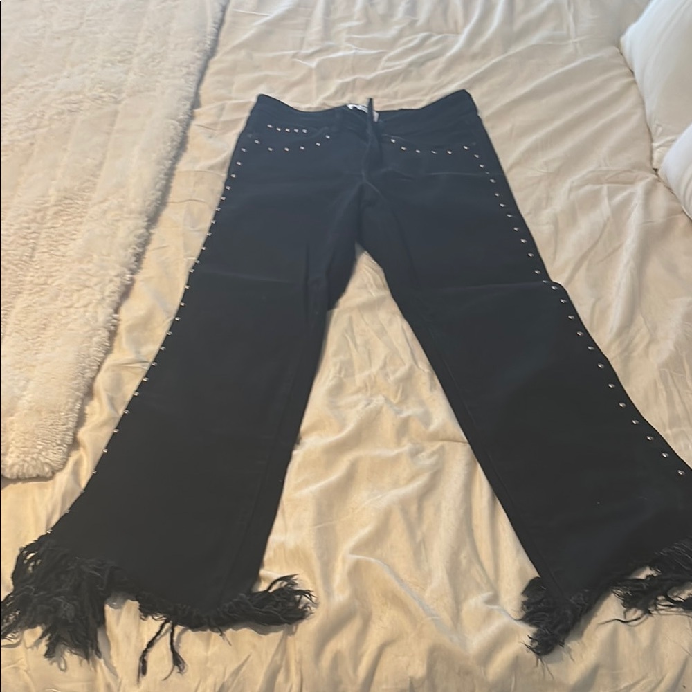 Black Fringed Pants with Studded Details